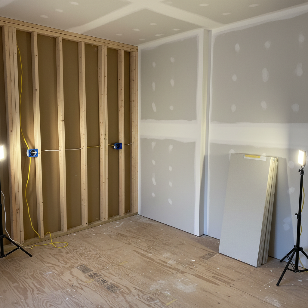 A tidy, partially completed interior renovation scene, showing exposed wall framing on one side and finished drywall on the other, within a Philadelphia rowhome. Clean 2x4 studs are neatly spaced, with electrical boxes and wiring installed in an orderly fashion, while the adjacent wall is smoothly taped and primed in an off-white tone, ready for paint. The subfloor is swept and free of debris, with neatly stacked gypsum boards leaning against a finished corner. Natural daylight from an unseen window combines with temporary construction lighting to create balanced illumination and soft, directional shadows across the framing. Captured at eye level in photographic realism, the composition uses the framing lines to lead the eye through the space. The mood emphasizes organization, process, and transparency in construction methods.