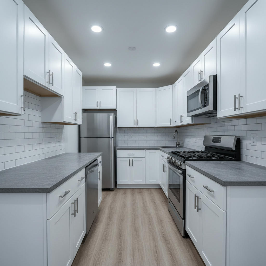 A newly completed investor-focused kitchen remodel in a compact Philadelphia rowhome, featuring cost-effective yet stylish shaker-style white cabinets, a simple subway tile backsplash in matte white with clean gray grout lines, and durable, stone-look laminate countertops in soft charcoal. Stainless steel appliances fit snugly within the cabinetry, and luxury vinyl plank flooring in a neutral wood tone runs seamlessly into the adjacent space. Overhead, evenly spaced recessed lights provide bright, consistent illumination, preventing any dark corners. Photographed from a slightly elevated, wide-angle perspective, the image captures the full run of cabinets and the depth of the narrow room with sharp clarity. The mood is practical, efficient, and investment-oriented, with a clean, corporate photographic aesthetic that communicates smart design choices and disciplined budgeting.