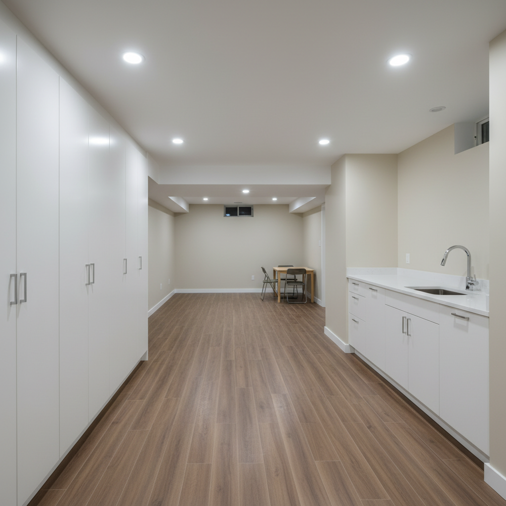 A fully finished basement renovation designed for multi-use, with smooth light beige walls, a flat white ceiling packed with evenly spaced recessed LEDs, and wide, medium-tone vinyl plank flooring laid in a precise staggered pattern. Along one wall, built-in white storage cabinets with minimalist slab doors create a continuous, organized line, while the opposite side opens into a small kitchenette with a simple quartz countertop and stainless bar sink. The space is illuminated by consistent, cool-neutral artificial light, eliminating harsh shadows and creating an even, professional glow. Photographed from a corner at a wide angle, the image emphasizes the length of the room and the efficiency of the layout, with sharp focus throughout. The mood is practical, flexible, and systems-focused, showcasing value-adding interior renovation in clean photographic realism.