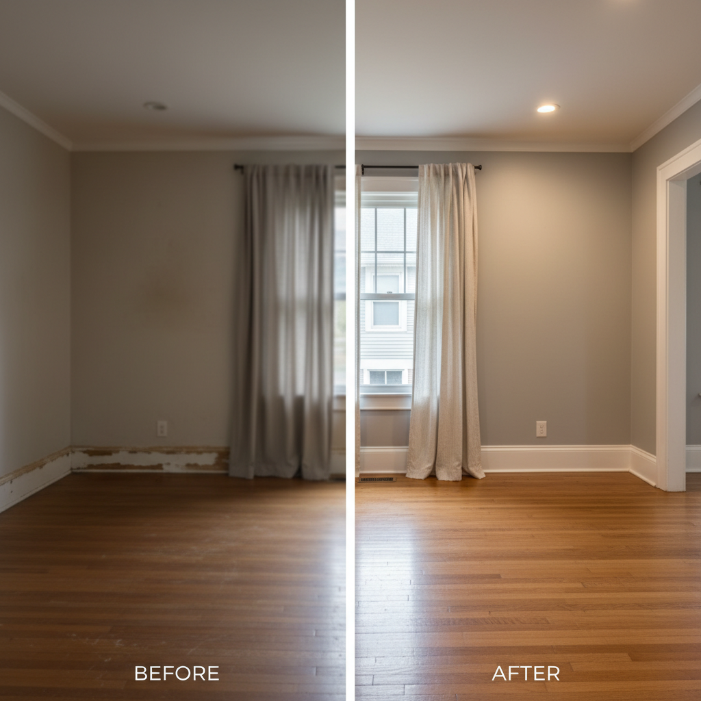 A side-by-side interior comparison of a property rehab, divided vertically down the center into “Before” and “After” sections. On the left, a dim, worn living space with scuffed hardwood floors, dated beige walls, and chipped baseboards appears intentionally desaturated and softly lit. On the right, the same space is fully renovated with smooth neutral-gray walls, bright white trim, and perfectly refinished medium-tone hardwoods, all under even, warm recessed lighting. The alignment of architectural elements, like windows and doorways, remains consistent across both halves, emphasizing transformation. Captured at eye level with sharp focus on the renovated side and slightly softer on the original, the composition is balanced and structured. The aesthetic is clean, documentary-style photographic realism, underscoring disciplined rehab work and added value for homeowners and investors.
