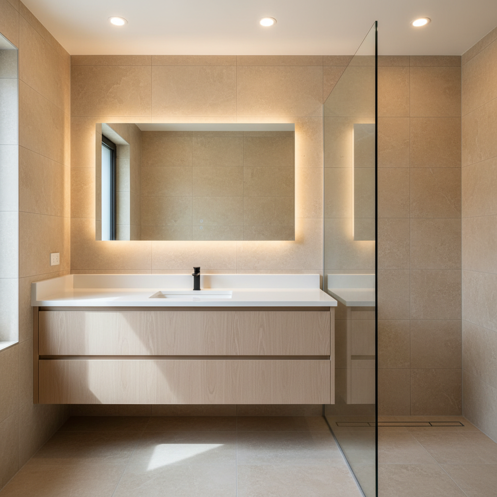 A high-end, fully tiled bathroom renovation with a frameless glass shower enclosure, large-format porcelain wall tiles in a warm light stone tone, and a floating vanity in rift-cut white oak with a solid white quartz countertop. A rectangular under-mount sink and a minimalist black single-handle faucet sit precisely centered beneath a frameless backlit mirror. Recessed ceiling lights and an unseen window provide balanced, diffused lighting that softly highlights the tile texture and casts gentle, controlled shadows under the vanity. The floor features matching porcelain tiles laid in a clean grid, with a linear drain visible within the shower. Captured at eye level in photographic realism, the composition is symmetrical and uncluttered, conveying a clean, spa-like, yet distinctly professional and meticulously planned atmosphere.